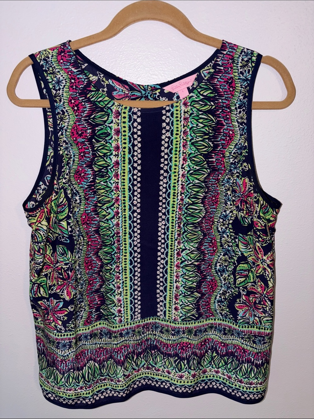 Lilly Pulitzer Navy Tank with Pink, Blue, Green and White Pattern, sz L